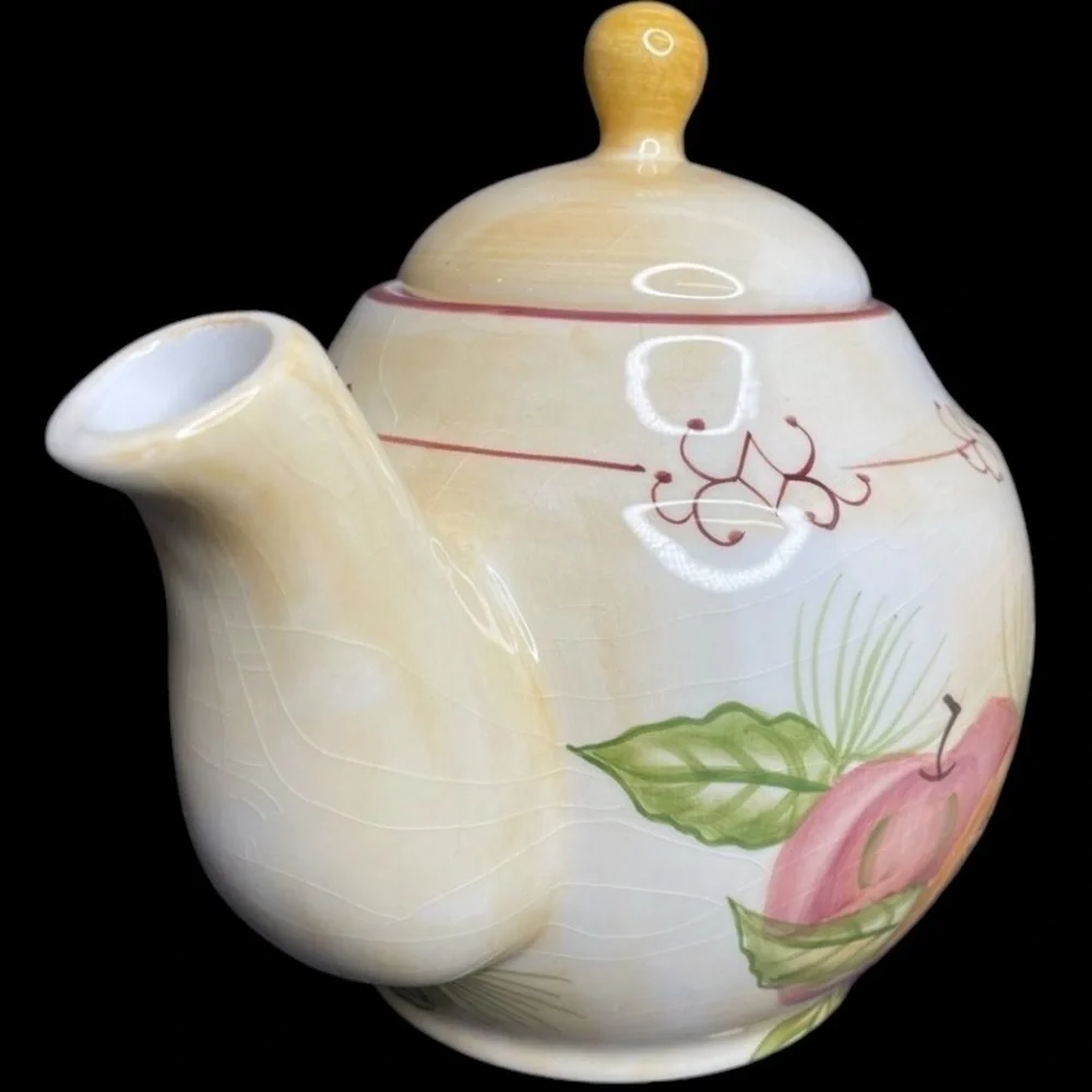 Crate & Barrel Winter Orchard Ceramic Teapot in EUC ~ crazing